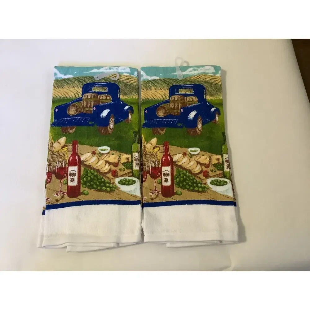 5pc Kitchen Set Truck Wine Country Farmhouse 2 Pot Holders 2 Towels Oven Mitt
